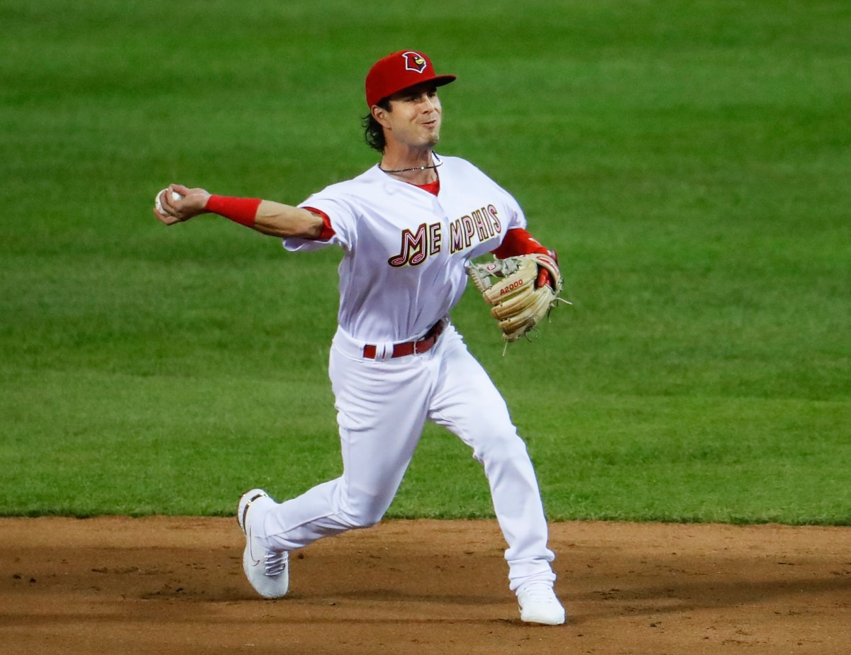 <strong>Redbirds second baseman Kramer Robertson makes a throw to first base for an out against the Durham Bulls on May 4, 2021, at AutoZone Park.</strong> (Mark Weber/The Daily Memphian)