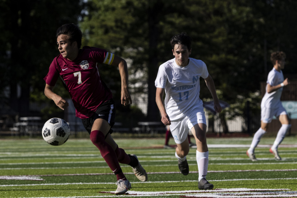 <strong>Evangelical Christian School&rsquo;s Cristian Salazar dribbles the ball May 7 in the game against Northpoint.</strong> (Brad Vest/Special to The Daily Memphian)