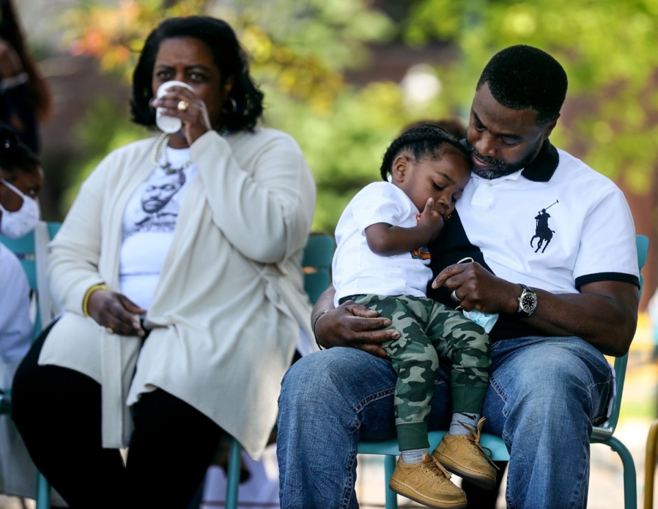 <strong>&ldquo;He was just the embodiment of a good man,&rdquo; said&nbsp;Terry Watts (right) holding his grandson, Jaylen Shields, at Fourth Bluff Park during a Tom Lee Day celebration May 8, 2021. Watts is the great-great-nephew of Tom Lee.</strong>&nbsp;(Patrick Lantrip/Daily Memphian)
