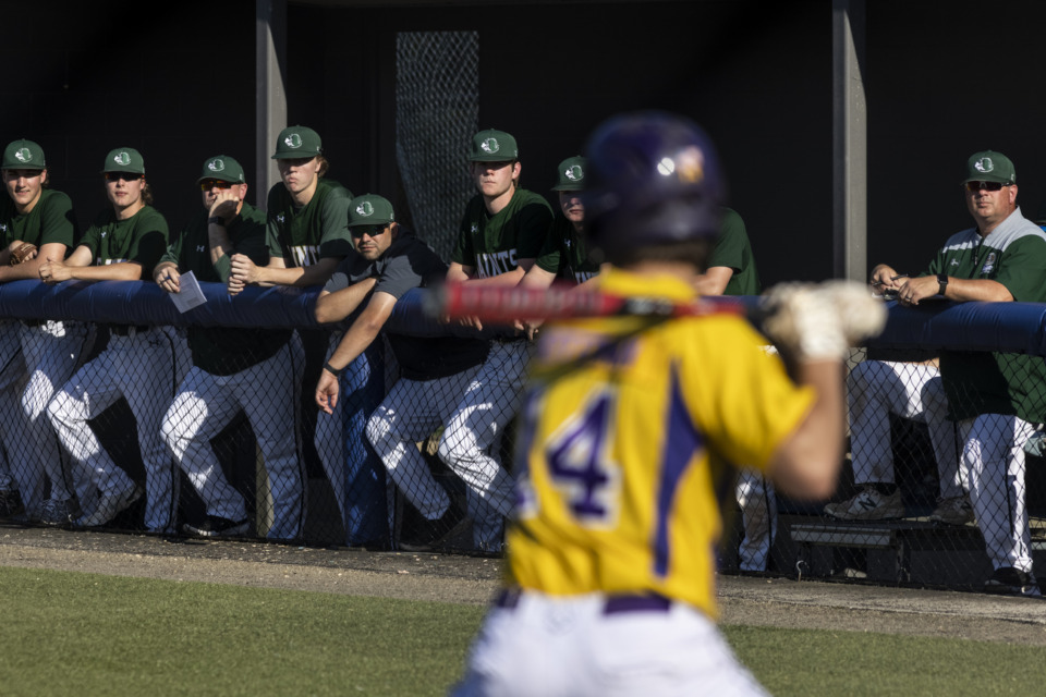 <strong>Briarcrest players and coaches watch Christian Brothers&rsquo; Vaughn Smith at bat during Saturday&rsquo;s game at Memphis University School.</strong> (Brad Vest/Special to The Daily Memphian)