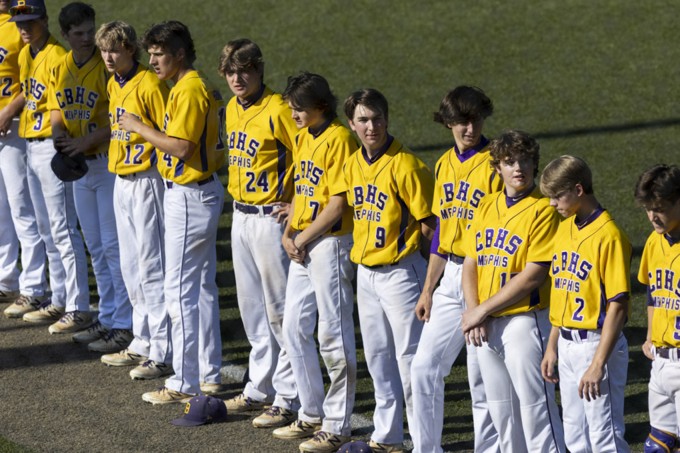 <strong>Christian Brothers&rsquo; players line up at the start of Saturday&rsquo;s game versus Briarcrest at Memphis University School.</strong> (Brad Vest/Special to The Daily Memphian)