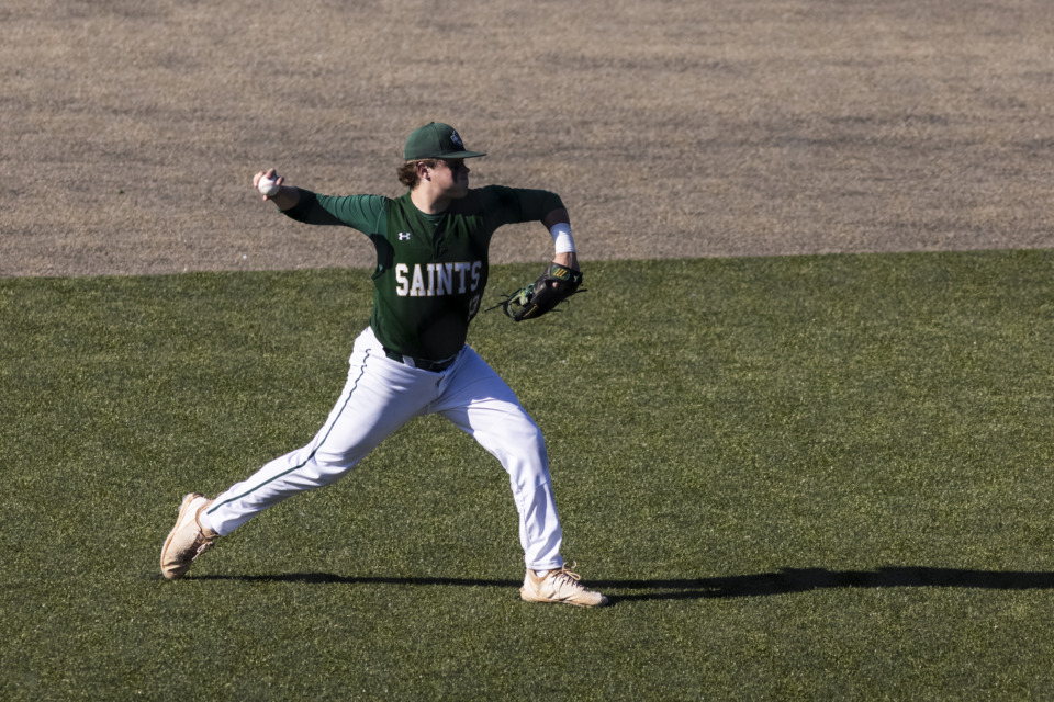 <strong>Briarcrest&rsquo;s Tyler Harrington throws the ball to first during Saturday&rsquo;s game versus Christian Brothers at Memphis University School.</strong> (Brad Vest/Special to The Daily Memphian)