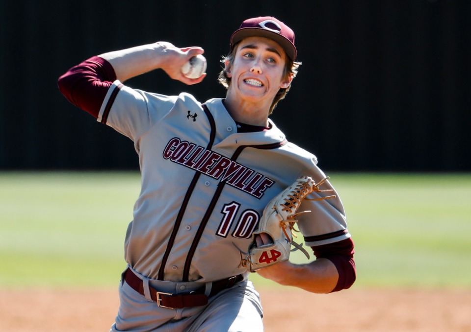 <strong>Collierville starting pitcher Grayson Saunier makes a throw to home plate against Houston.</strong>&nbsp;(Mark Weber/The Daily Memphian)