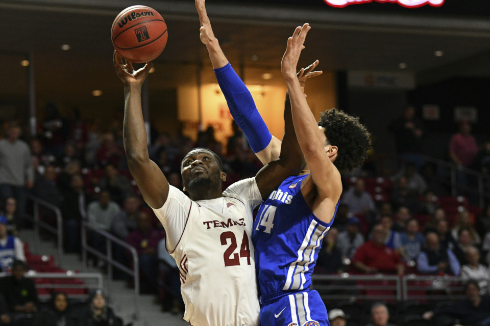 <strong>Temple Owls center Ernest Aflakpui (24) puts up a shot over Memphis forward Isaiah Maurice&nbsp;</strong><span><strong>(14) Thursday, Jan. 24, 2019, in Philadelphia. The Tigers broke a three-game winning streak with the 85-76 loss to Temple.</strong> (Ken Inness/ZUMA Wire)</span>