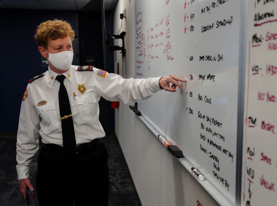 <strong>Memphis Fire Chief Gina Sweat goes over vaccination numbers at the Office of Emergency Management headquarters March 16, 2021.</strong> (Patrick Lantrip/Daily Memphian)