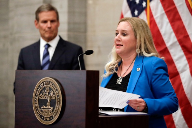 <strong>Tennessee Health Commissioner Dr. Lisa Piercey (right, in a file photo with Gov. Bill Lee)</strong>&nbsp;<strong>speaks to reporters at a press conference.&nbsp;</strong> (Mark Humphrey/AP)