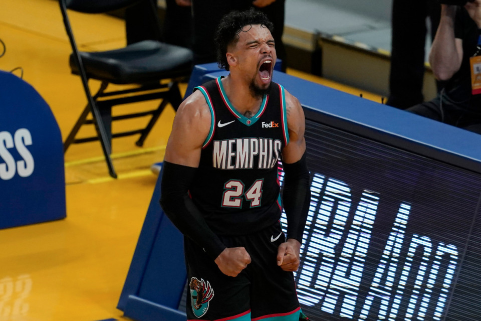 <strong>Grizzlies forward Dillon Brooks (24) reacts after scoring against the Golden State Warriors in San Francisco on May 16.</strong> (Jeff Chiu/AP file)