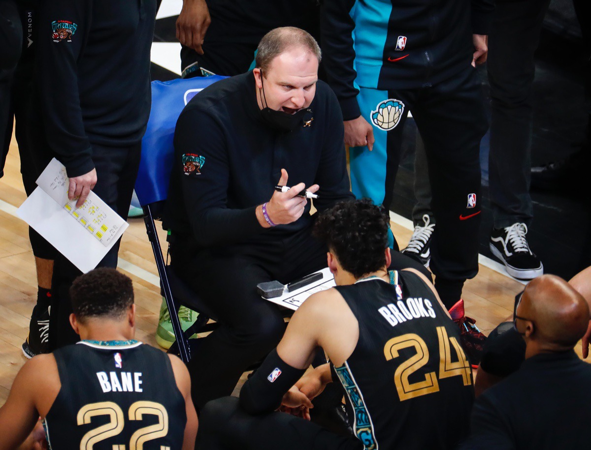 <strong>Grizzlies head coach Taylor Jenkins instructs his players during a timeout against San Antonio on May 19.</strong> (Mark Weber/The Daily Memphian)