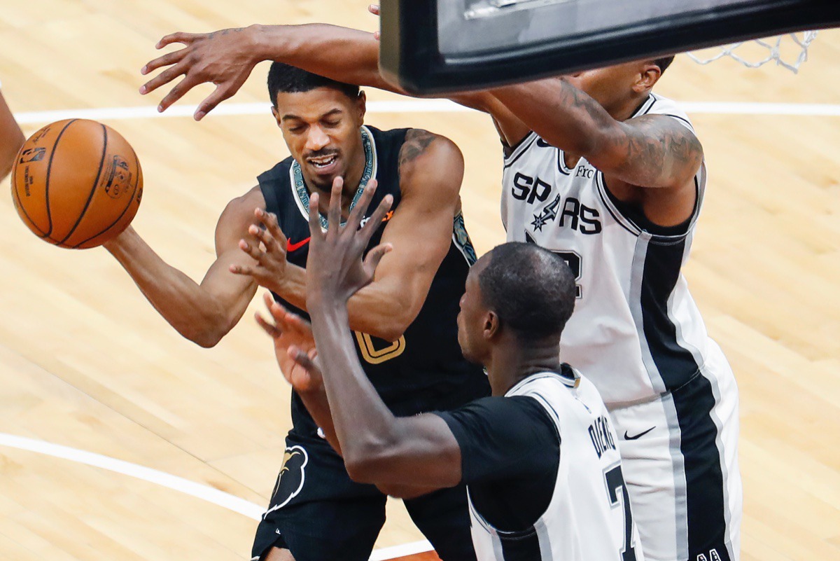 <strong>Grizzlies guard De'Anthony Melton (left) drives the lane against San Antonio on May 19 at FedExForum.</strong> (Mark Weber/The Daily Memphian)