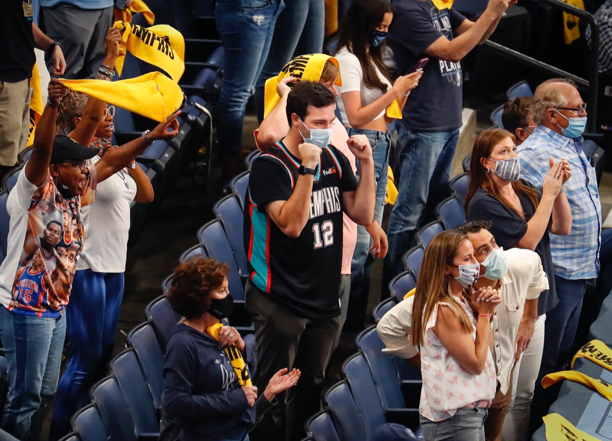 <strong>Grizzlies fans celebrate a 100-96 victory over San Antonio on Wednesday, May 19, 2021, at FedExForum.</strong> (Mark Weber/The Daily Memphian)