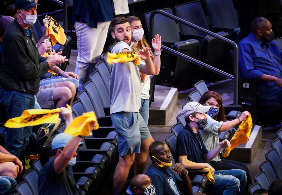 <strong>Grizzlies fan Randy Smith (middle) went viral for his dance moves during action against the San Antonio Spurs on Wednesday, May 19, 2021.</strong> (Mark Weber/The Daily Memphian)