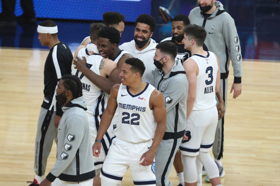 <strong>The Memphis Grizzlies celebrate after defeating the Golden State Warriors in an NBA basketball Western Conference play-in game in San Francisco, Friday, May 21, 2021.</strong> (AP Photo/Jed Jacobsohn)