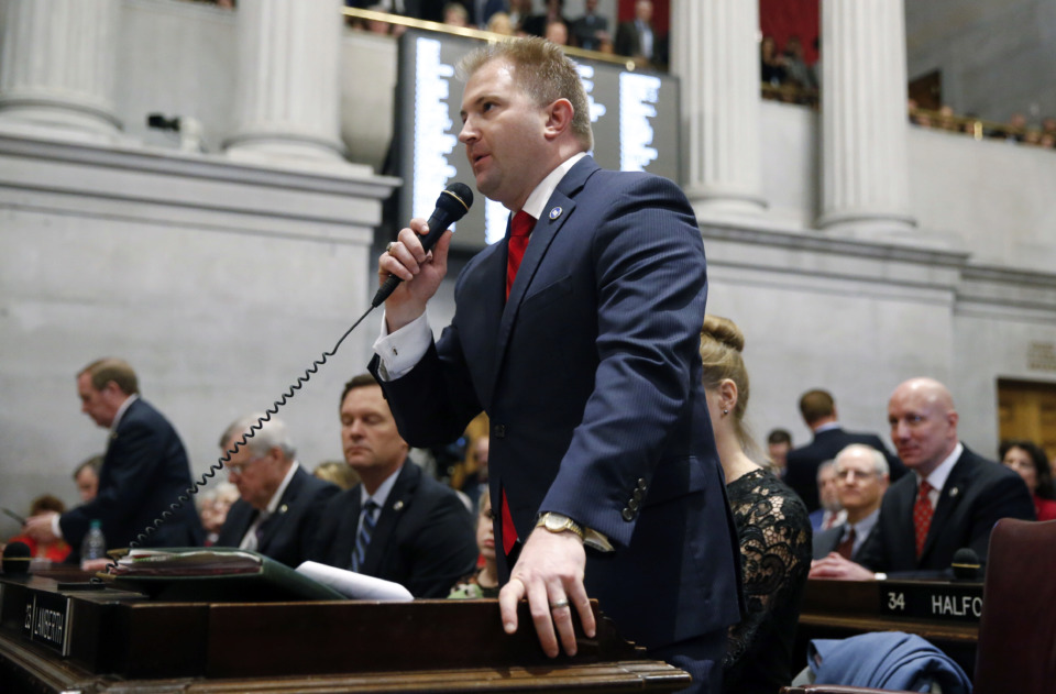 <span><strong>Republican state Rep. William Lamberth speaks on the opening day of the 111th General Assembly Jan. 8, 2019. After the House passed resolutions last week honoring Dr. Martin Luther King Jr. and condemning racism, Lamberth said the resolutions were only "words on paper" and called for the House to "put them into action."</strong> (AP Photo/Mark Humphrey)</span>
