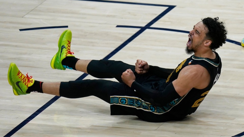 <strong>Memphis Grizzlies forward Dillon Brooks celebrates after scoring and being fouled by the Utah Jazz during the second half of Game 1 of their NBA basketball first-round playoff series Sunday, May 23, 2021, in Salt Lake City.</strong> (Rick Bowmer/AP)