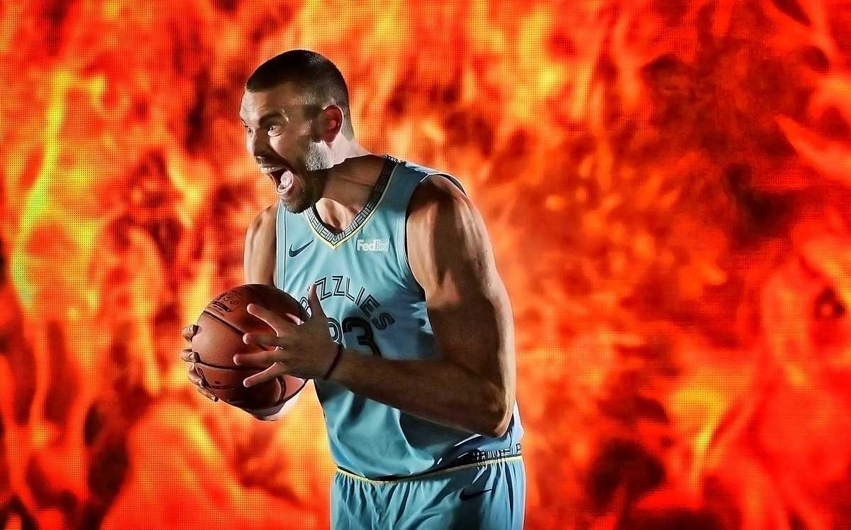 <strong>Grizzlies veteran center Marc Gasol turns up the intensity while shooting video spots during the annual Grizzlies media day at the FedExForum on Sept. 24, 2018. </strong>(Jim Weber/Daily Memphian)