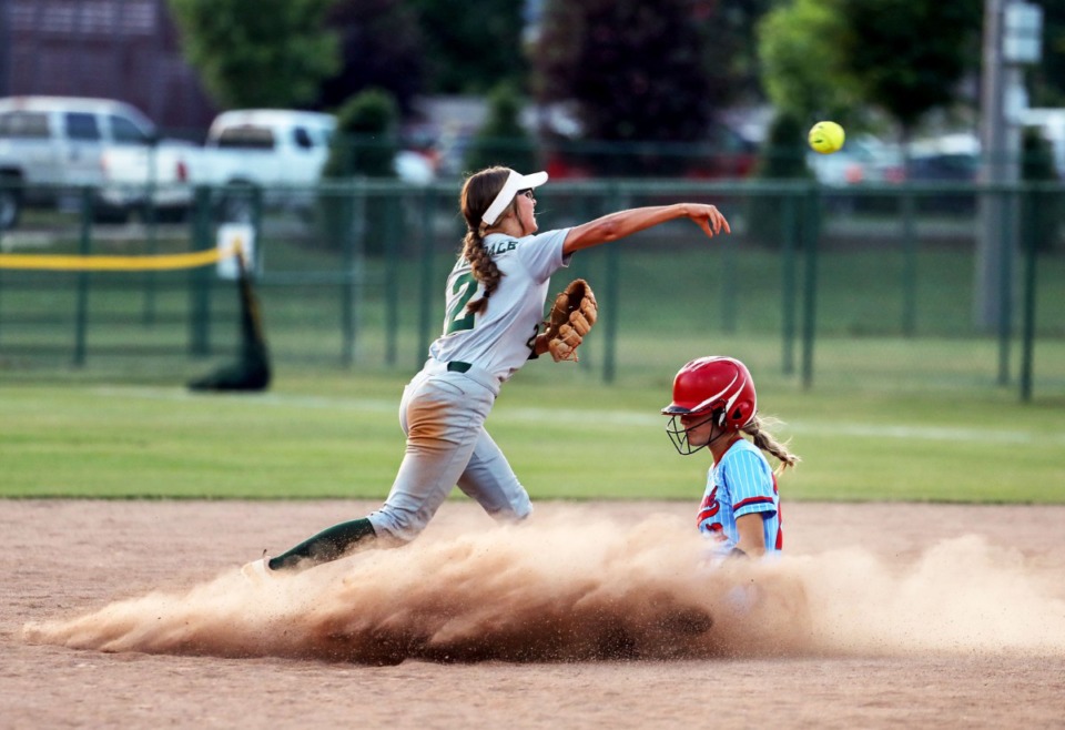 <strong>Tipton-Rosemark Academy's Sophie Roane slides into second during the state championship semifinal game against Silverdale Baptist Academy in Murfreesboro, Tennessee, on May 25, 2021.</strong> (Patrick Lantrip/Daily Memphian)