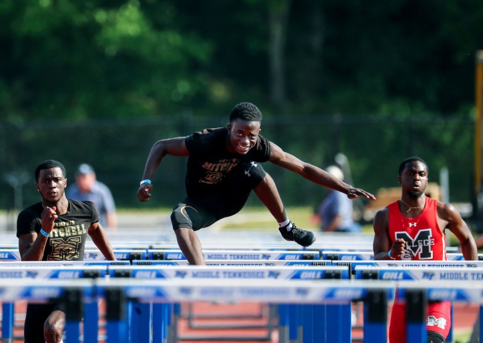 <strong>Mitchell High School standout Dorien Johnson clears the hurdles at the state championships in Murfreesboro, Tennessee on May 25, 2021</strong>. (Patrick Lantrip/Daily Memphian)