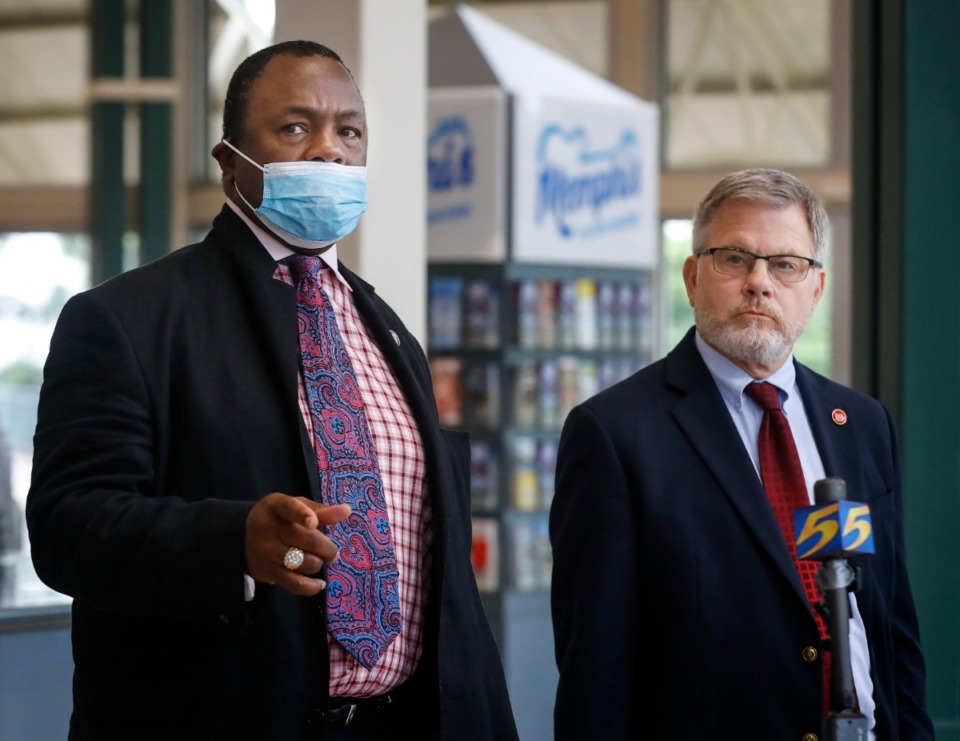 <strong>State Representatives Joe Towns (left) and Dwayne Thompson discuss their thoughts concerning the Hernando DeSoto Bridge during a news conference on Wednesday, May 26, 2021 at the Tennessee State Welcome Center Downtown</strong>. (Mark Weber/The Daily Memphian)