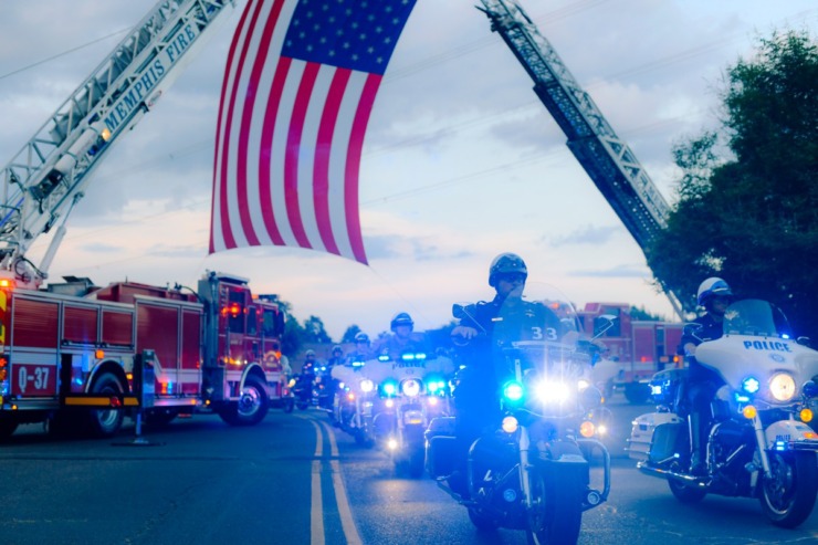 <strong>Hundreds of police officers across Shelby County gathered in the parking lot of Hope Presbyterian Church before driving a 40-mile route around Memphis in honor of officer Christopher Scott &ldquo;Scotty&rdquo; Triplett. Triplett was killed last week after he was struck by a car while riding his motorcycle in a motorcade near Hickory Hill.</strong> (Houston Cofield/Special To The Daily Memphian)