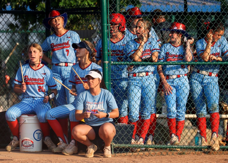 <strong>Tipton Rosemark Academy celebrates in the dugout during a state championship semifinal game against Silverdale Baptist Academy in Murfreesboro, Tennessee May 25, 2021.</strong> (Patrick Lantrip/Daily Memphian)