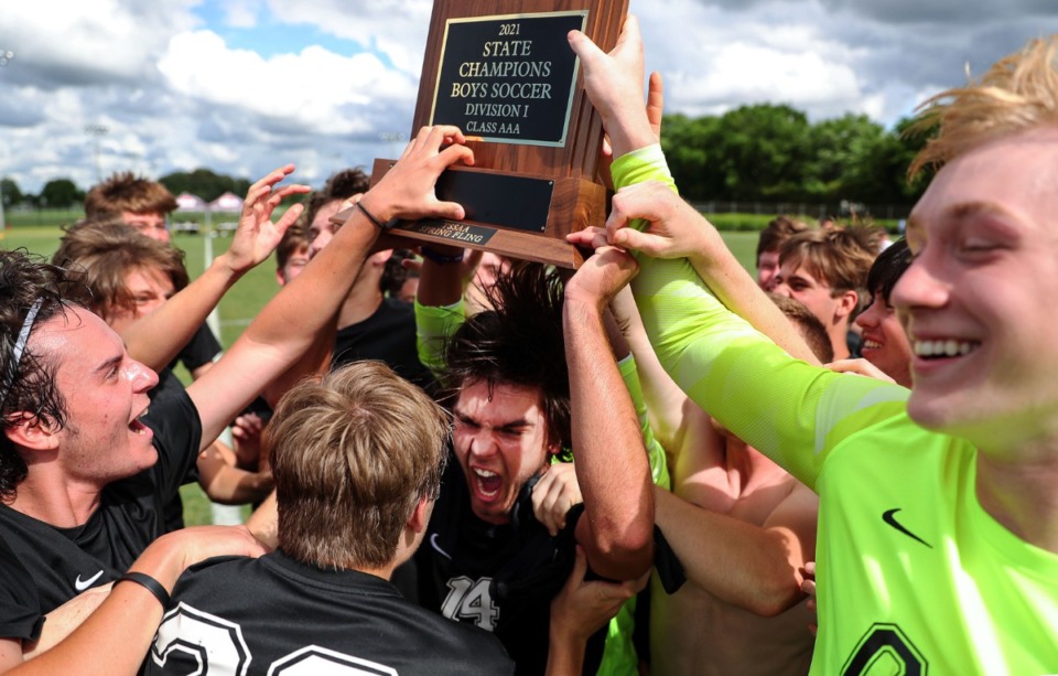 <strong>Members of the Houston High School soccer team celebrate after winning the state championship in Murfreesboro, Tennessee, on May 28, 2021.</strong> (Patrick Lantrip/Daily Memphian)