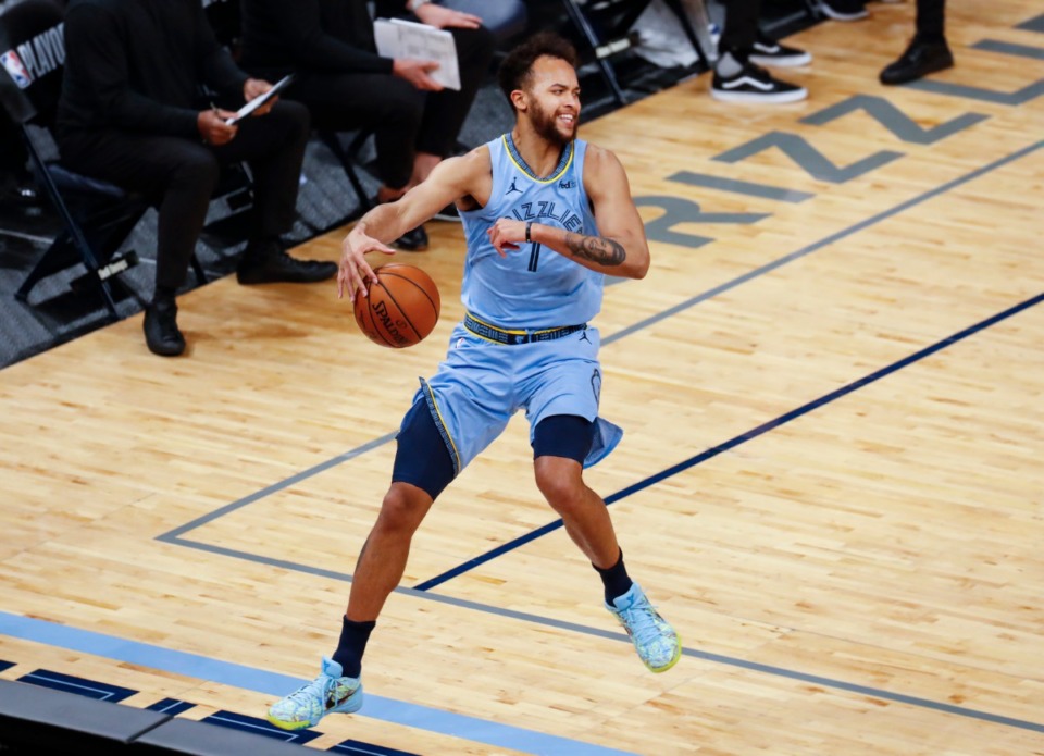 <strong>Memphis Grizzlies forward Kyle Anderson tries to save the ball from going out of bounds during action against the Utah Jazz in three of the NBA Playoffs on Saturday, May 29, 2021.</strong> (Mark Weber/The Daily Memphian)