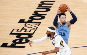 <strong>Memphis Grizzlies forward Dillion Brooks (right) drives past Utah Jazz defender Mike Conley (left) during game three of the NBA Playoffs on Saturday, May 29, 2021.</strong> (Mark Weber/The Daily Memphian)