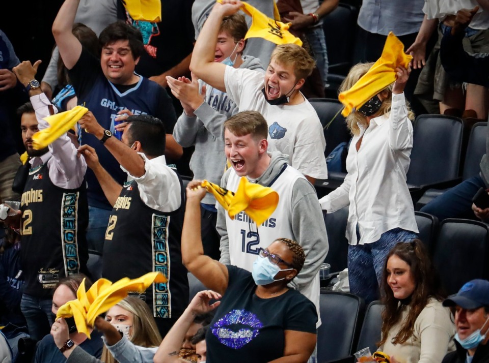 <strong>Memphis Grizzlies fans celebrate during action against the Utah Jazz in three of the NBA Playoffs on Saturday, May 29, 2021.</strong> (Mark Weber/The Daily Memphian)