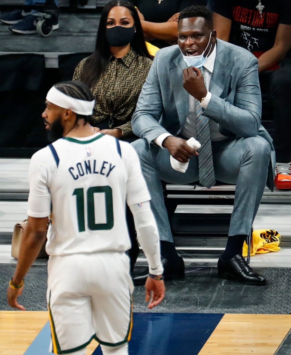 <strong>Former Memphis Grizzlies standout Zach Randolph (top) calls out to Grizzlies team and current Utah Jazz guard Mike Conley (bottom) during action of game four of the NBA playoffs on Monday, May 31, 2021</strong>. (Mark Weber/The Daily Memphian)