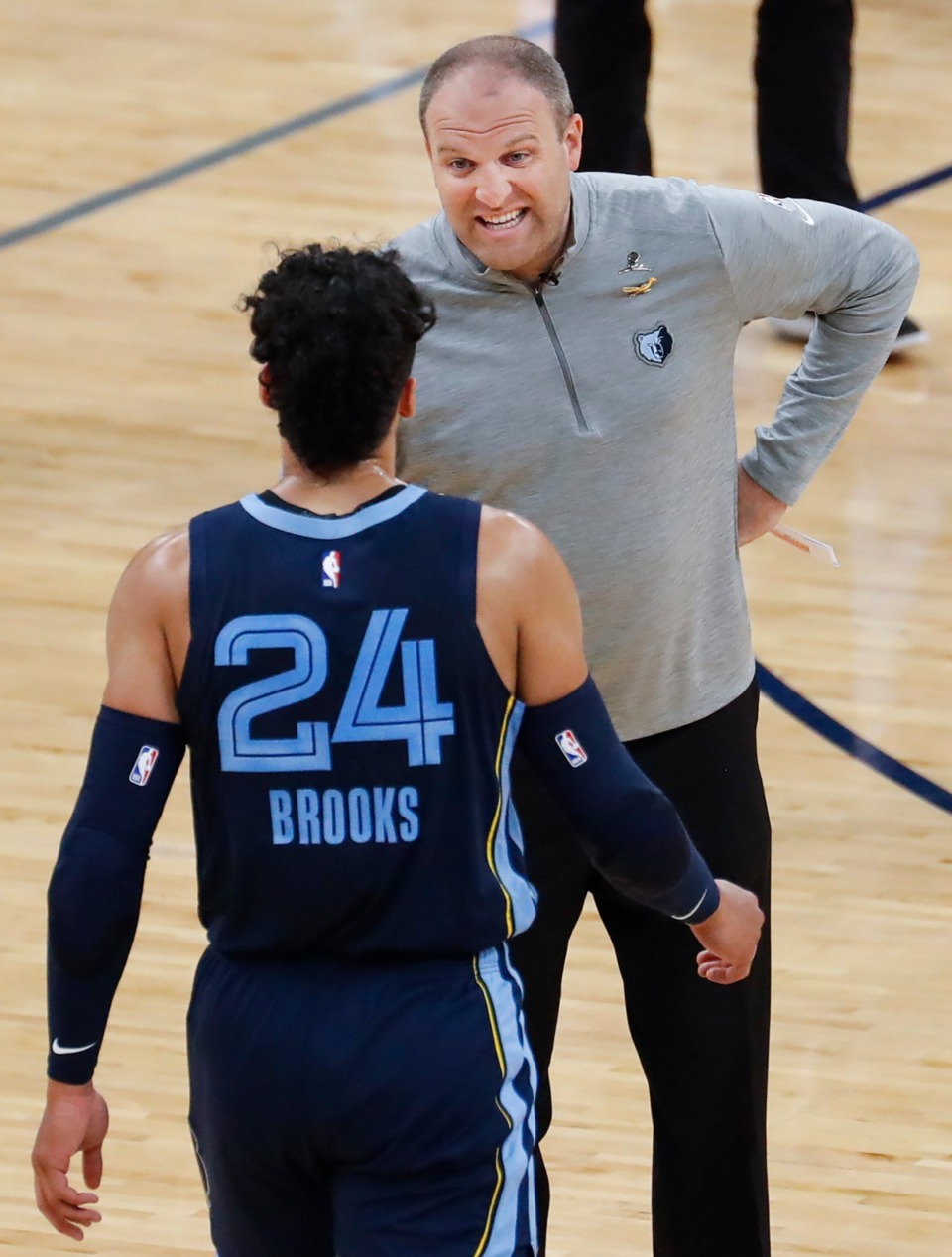 <strong>Memphis Grizzlies head coach Taylor Jenkins (top) talks with guard Dillon Brooks during a timeout in game four of the NBA playoffs against the Utah Jazz on Monday, May 31, 2021.</strong> (Mark Weber/The Daily Memphian)