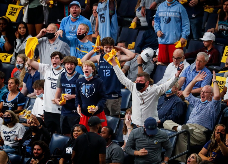 <strong>Memphis Grizzlies fans react to an official&rsquo;s&nbsp;call during action against Utah Jazz in game four of the NBA playoffs on Monday, May 31, 2021.</strong> (Mark Weber/The Daily Memphian)
