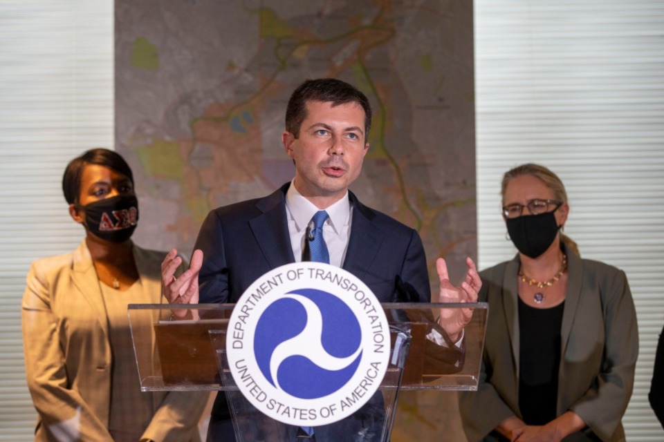 <strong>U.S. Secretary of Transportation Pete Buttigieg speaks during a press conference at the Atlanta BeltLine, Inc. office space in downtown Atlanta, Friday, May 21, 2021.</strong> (Alyssa Pointer/Atlanta Journal-Constitution via AP)