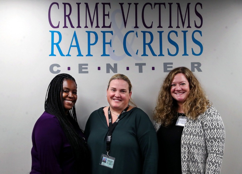 <strong>Tiffany Armstrong, (from left) Sandy Bromley and Maggie Thompson with the Crime Victims Rape Crisis Center pose for a portrait inside their office June 1, 2021.</strong> (Patrick Lantrip/Daily Memphian)