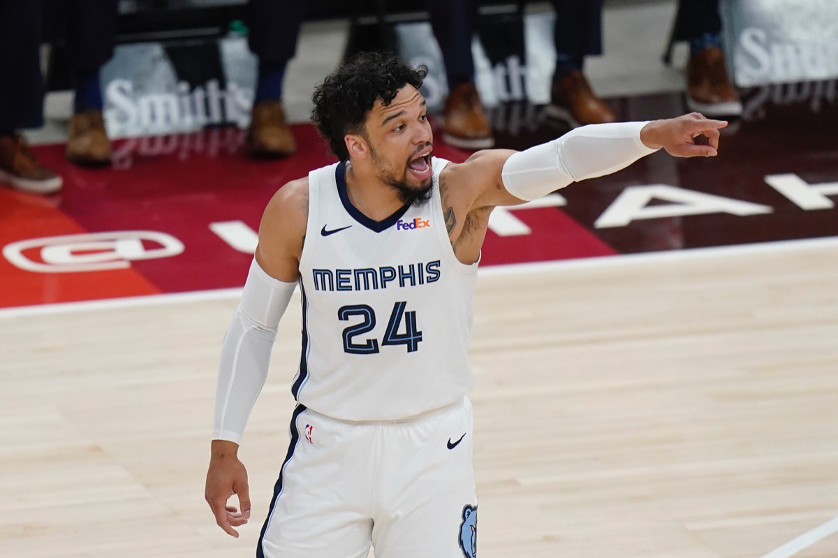 <strong>Grizzlies forward Dillon Brooks (24) gestures to teammates during Game 5 on June 2, 2021, in Salt Lake City.</strong> (AP Photo/Rick Bowmer)