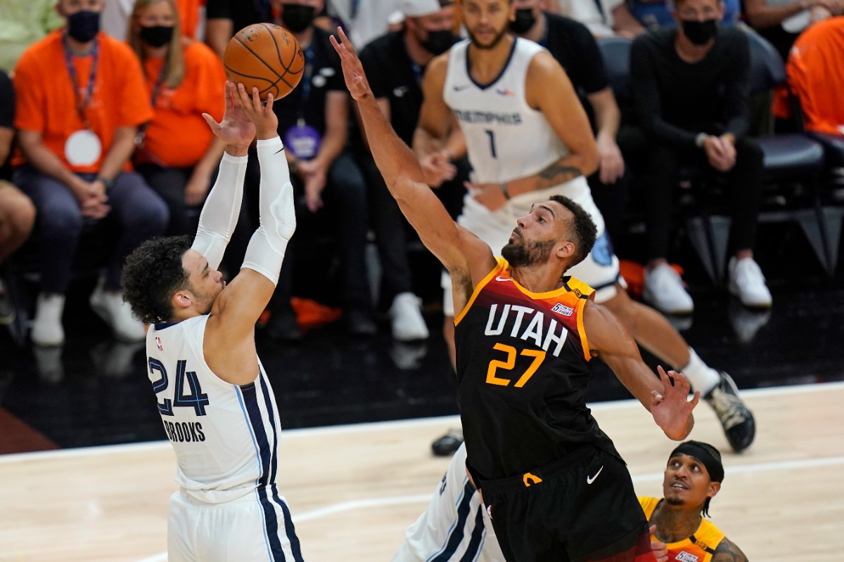 <strong>Utah Jazz center Rudy Gobert (27) blocks Grizzlies forward Dillon Brooks (24) during Game 5 of the first-round playoff series Wednesday, June 2, 2021, in Salt Lake City.</strong> (Rick Bowmer/AP)