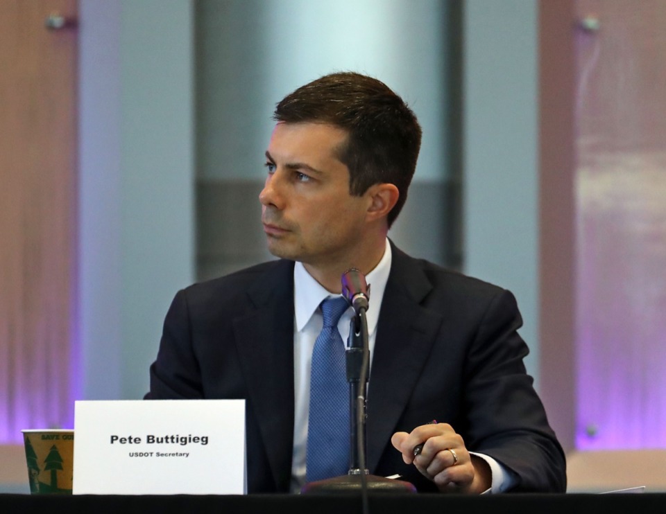 <strong>Secretary of Transportation Pete Buttigieg sits down with local elected officials and FedEx executives while visiting Memphis June 3, 2021.</strong> (Patrick Lantrip/Daily Memphian)