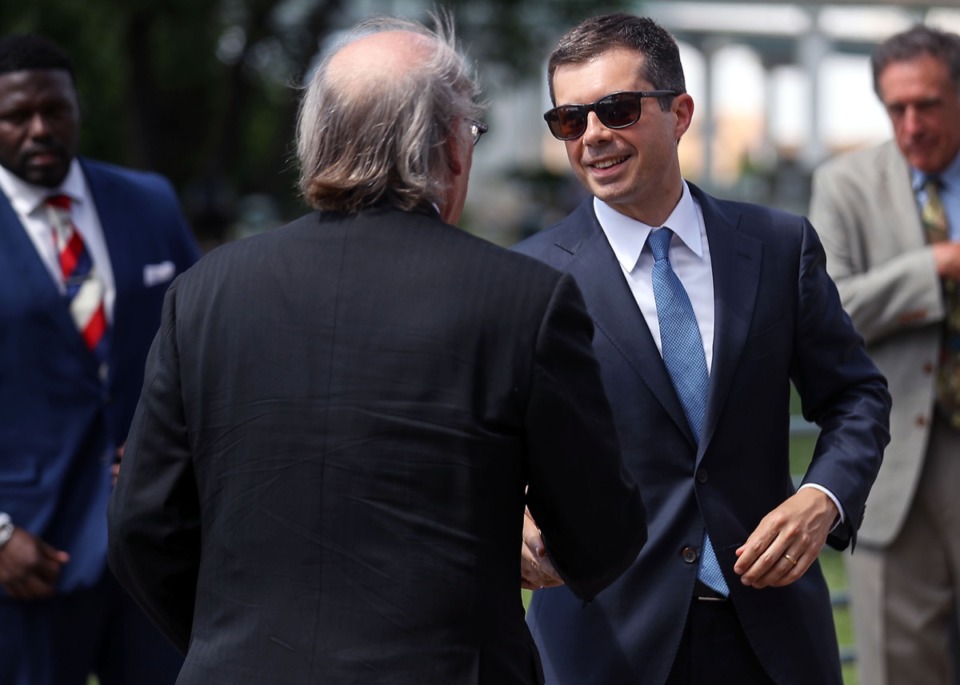 <strong>Secretary of Transportation Pete Buttigieg shakes hands with U.S. Rep Steve Cohen after speaking at the Tennessee Welcome Center Downtown June 3, 2021.</strong> (Patrick Lantrip/Daily Memphian)