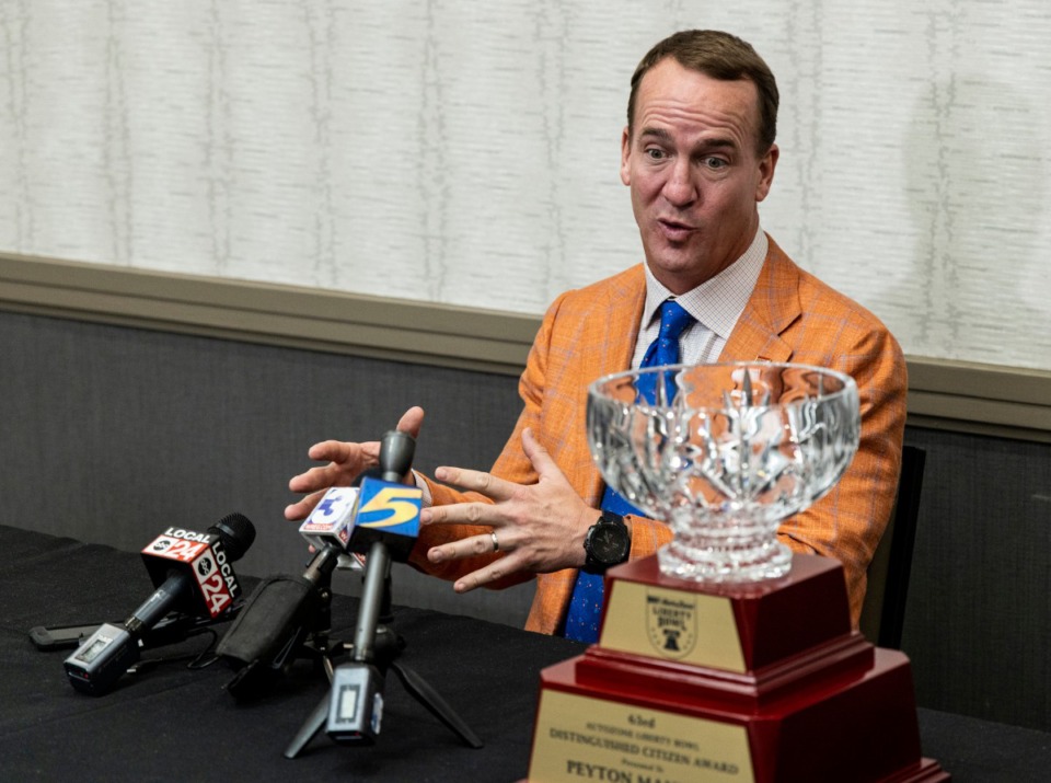 <strong>Peyton Manning speaks during a press conference on Sunday, June 6, 2021 prior to receiving this year's AutoZone Liberty Bowl Distinguished Citizen award at the Hilton Memphis Hotel.</strong> (Brad Vest/Special to the Daily Memphian)
