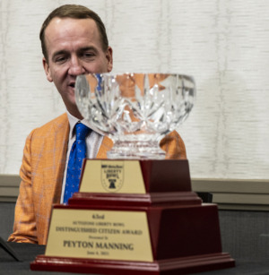 MEMPHIS, TN - June 6, 2021: Peyton Manning speaks during a press conference on Sunday prior to him receiving this year's AutoZone Liberty Bowl Distinguished Citizen award at the Hilton Memphis Hotel. Photo by Brad Vest for The Daily Memphian