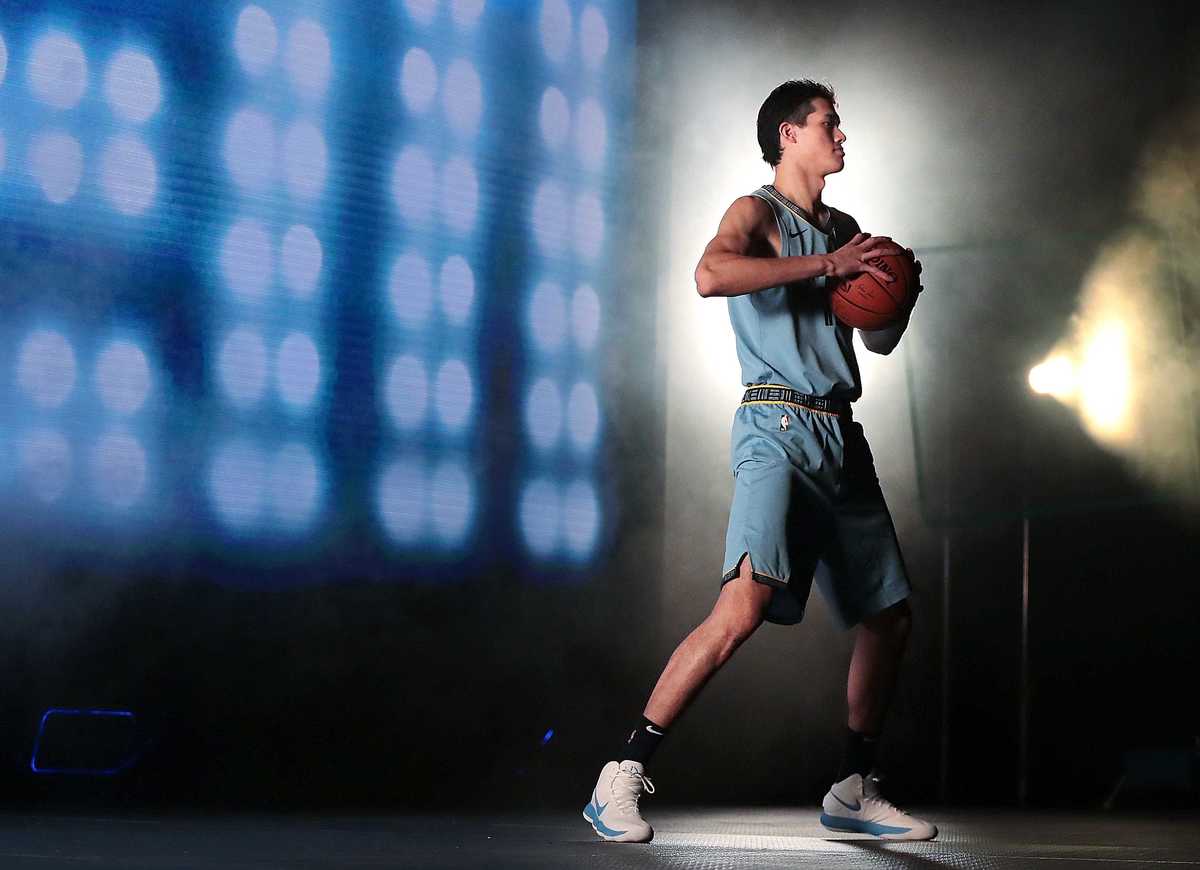 <strong>Grizzlies forward Yuta Watanabe poses for a video spot during the annual Grizzlies media day at the FedExForum on Sept. 24, 2018.</strong> (Jim Weber/Daily Memphian)