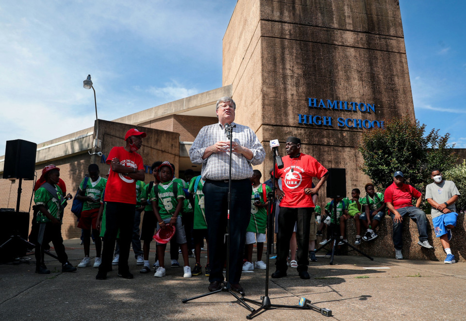 <strong>Mayor Jim Strickland speaks at the fourth Unity Walk Against Gun Violence at Hamilton High School June 12, 2021.</strong> (Patrick Lantrip/Daily Memphian)