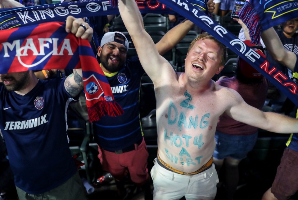 <strong>Memphis 901 FC fans sing after the June 16 win over Atlanta United 2.</strong> (Patrick Lantrip/Daily Memphian)