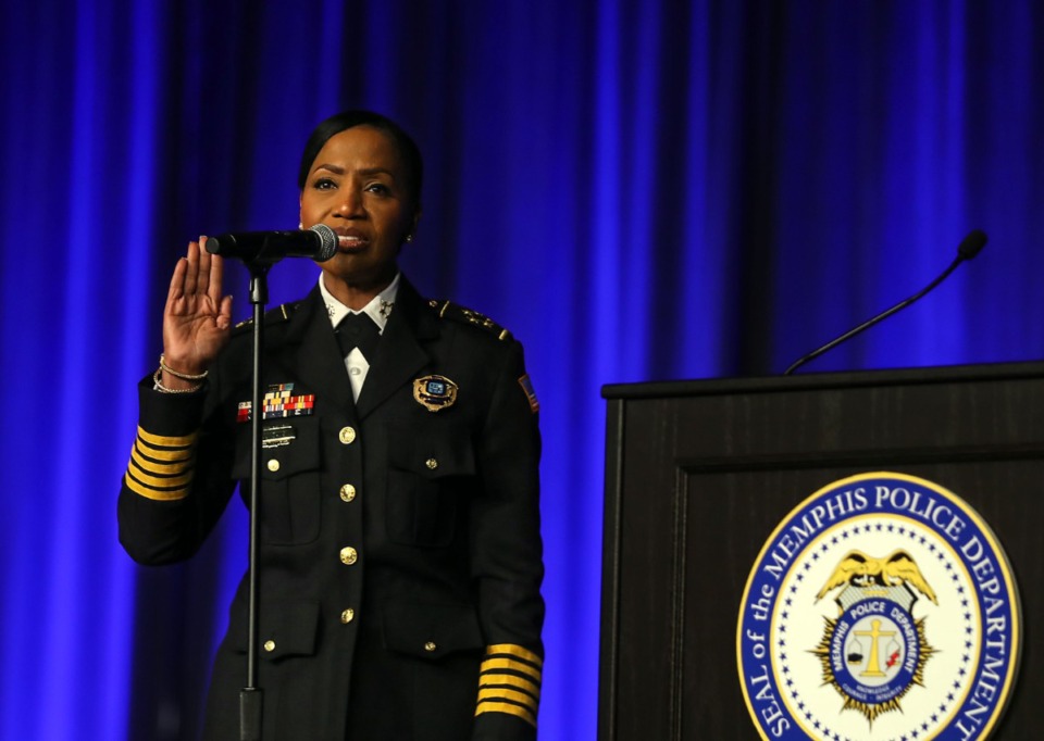 <strong>Memphis Police chief Cerelyn J. Davis is sworn during a June 18, 2021 ceremony.</strong> (Patrick Lantrip/Daily Memphian)