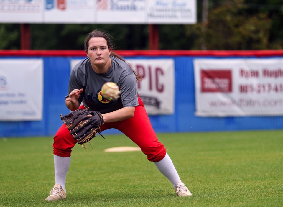 <strong>Tipton-Rosemark's Charli Rice fields the ball during an April 30, 2021, practice.</strong> (Patrick Lantrip/Daily Memphian)
