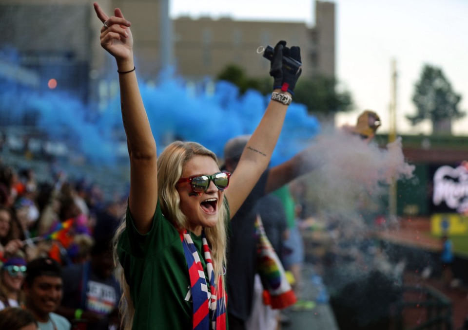 <strong>Brittany Nicholas cheers for Memphis 901 FC before a June 26, 2021 home match.</strong> (Patrick Lantrip/Daily Memphian)