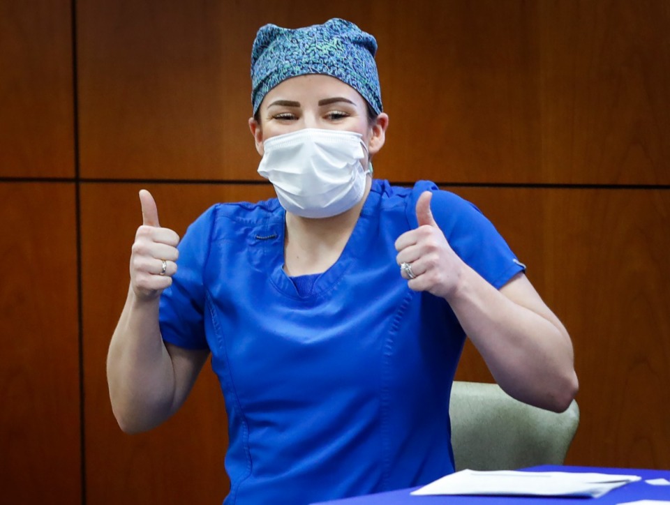 <strong>Baptist Memorial Hospital-DeSoto ICU head nurse Haley Griffiths gives a thumbs-up after receiving a coronavirus vaccination on Dec. 16, 2020. Shelby County has not reported a COVID-19 death since Tuesday, June 22.&nbsp;&ldquo;It&rsquo;s a relief for people who take care of folks with COVID,&rdquo; said Dr. Stephen Threlkeld, infectious disease expert at Baptist Memorial Hospital-Memphis.</strong>&nbsp; (Mark Weber/Daily Memphian file)
