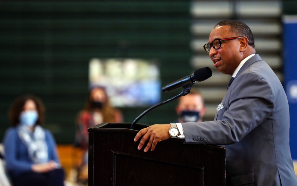 <strong>Shelby County Schools Superintendent Joris Ray speaks at Booker T. Washington High School April 6, 2021. The SCS board approved a $750,000 contract with Educational Epiphany Tuesday, June 29, in spite of concerns from local educators.</strong> (Patrick Lantrip/Daily Memphian file)
