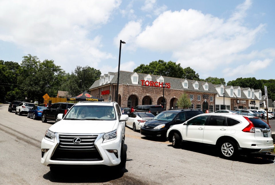 <strong>Traffic backs up at the new Torchy&rsquo;s restaurant in the Williamsburg Village shopping center on Friday, June, 25, 2021.</strong> (Mark Weber/The Daily Memphian)
