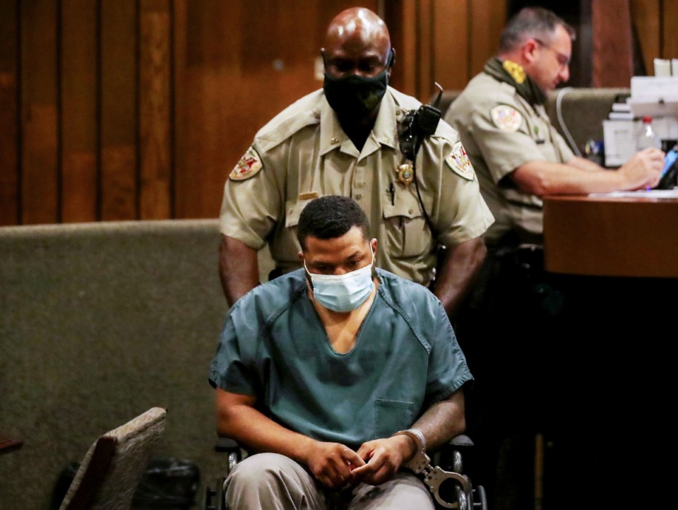 <strong>Memphis Police Department officer Antonio Marshall is wheeled out of Judge Bill Anderson's General Sessions courtroom on June 30, 2021, after being charged with vehicular homicide, stemming from a fatal crash in which two people were killed.</strong> (Patrick Lantrip/Daily Memphian)