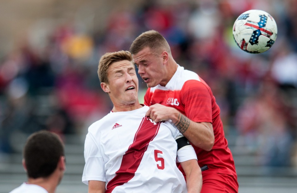 <strong>Niall Logue (right) goes in for a headers while playing for Ohio State in 2017.</strong>&nbsp;(AP file)